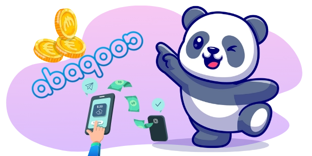 A cute panda pointing at a smartphone, with euro coins, the abaqoos logo, and a smartphone showing a payment interface, suggesting a focus on online payments and transactions.