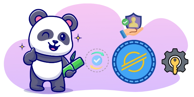 A cute panda holding a bamboo stick and giving a thumbs up, with a Stellar coin, a security shield, and a gear with a key, suggesting a focus on security and trust in the Stellar network.