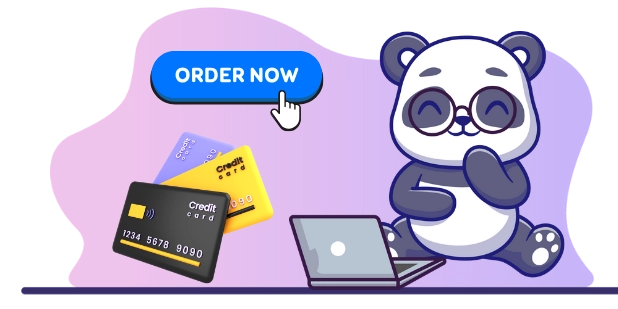 Cartoon panda using a laptop, surrounded by credit cards, next to a blue 'Order Now' button on a gradient purple background