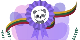 A winking panda featured on a purple award ribbon, with Lithuanian flag ribbons and decorative greenery in the background.