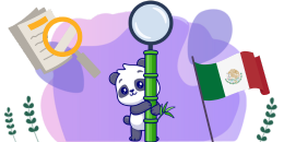 A curious panda holding a bamboo pole looks at a large magnifying glass, with a Mexican flag and a document under a magnifying glass in the background.