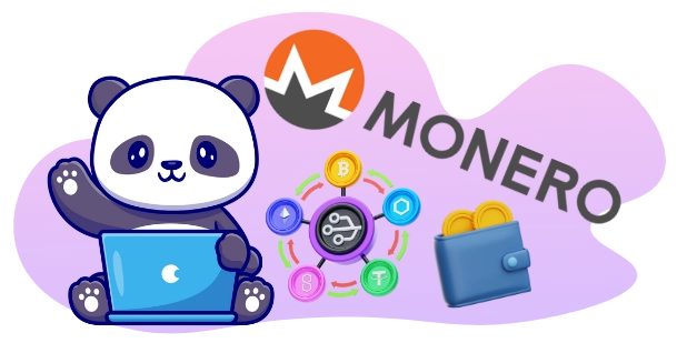 A cute panda working on a laptop, surrounded by cryptocurrency symbols and a wallet, suggesting a focus on cryptocurrency and online transactions.