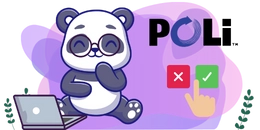 Panda wearing glasses, smiling and sitting next to an open laptop. A hand pointing at a green checkmark and a red cross icon. The word 'POLi' is displayed in bold letters on the top left, set against a purple gradient background