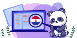 Panda holding a magnifying glass, highlighting the Paraguayan flag on a laptop screen. The background features soft purple tones, documents, and green foliage.