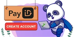 A cute panda wearing a superhero cape is using a laptop with a bamboo symbol. There is a "CREATE ACCOUNT" button and the text "PayID" is displayed in a banner.