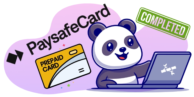 A cartoon panda smiles while using a laptop with a "COMPLETED" stamp visible. A PaysafeCard prepaid card and the PaysafeCard logo are in the background.