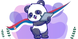 Cheerful panda holding a clipboard, with the Serbian flag ribbon flowing in the background, set against a purple backdrop with decorative greenery.