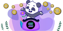 Panda popping out of a large Solana-branded wallet, surrounded by golden coins with the Solana logo, against a vibrant purple background with decorative plants and a flower.