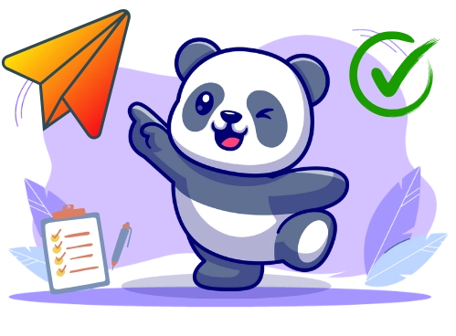 Panda winking and pointing at an orange paper airplane, with a checklist clipboard and a green checkmark icon in the background, set against a soft purple backdrop.