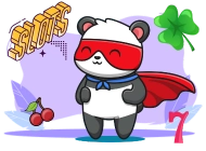 Panda dressed as a superhero, wearing a red mask and cape. The design includes the word 'SLOTS' in 3D text, a green four-leaf clover, cherries, and a red number 7, set against a light purple background.