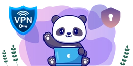 Panda sits with a laptop, waving cheerfully. A VPN shield icon is displayed on the left. The background features a purple gradient with decorative leaves.