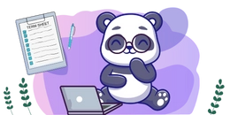 A cute panda wearing glasses is sitting on a laptop, smiling. A clipboard with a checklist and a pen are in the background.