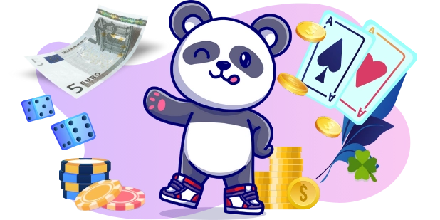 Playful panda promoting online casino games, with playing cards, dice, poker chips, and coins.