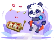 A cute panda wearing a red cape is flying with a rocket, holding a slot machine with three 7s. Casino chips are scattered around.