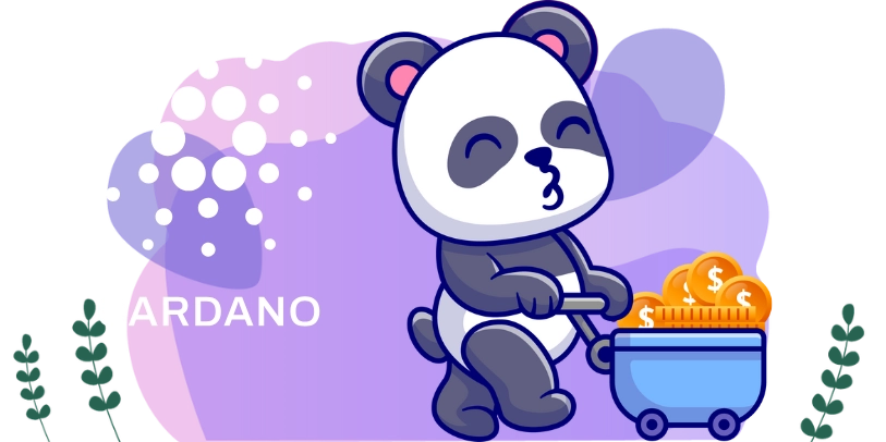 Panda happily pushing a cart filled with gold coins, with the Cardano logo in the background on a purple gradient backdrop and green leaves on the sides.