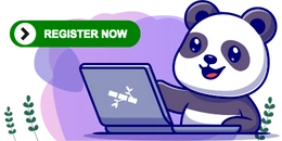 A cute panda sitting on a laptop, pointing at a green button that says "REGISTER NOW." There's a satellite icon on the laptop screen.