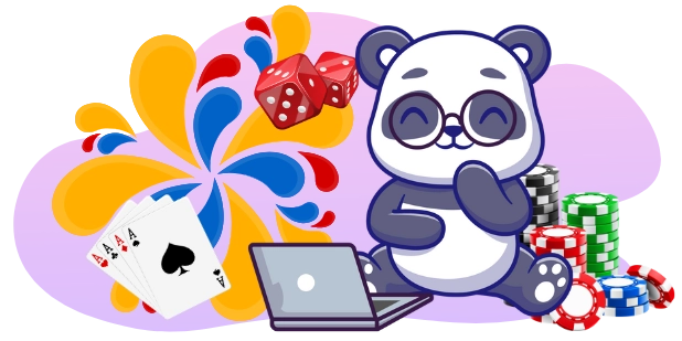 Happy panda celebrating online casino wins, with a laptop, playing cards, dice, and poker chips.