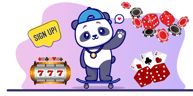 Playful panda cartoon promoting online casino sign-ups, with a skateboard, playing cards, and dice.