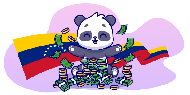 A happy panda cartoon character sits on a pile of money with the Venezuelan flag in the background.