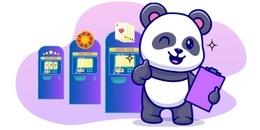 A cute panda giving a thumbs up, standing in front of several slot machines, suggesting a focus on online casinos and gambling.