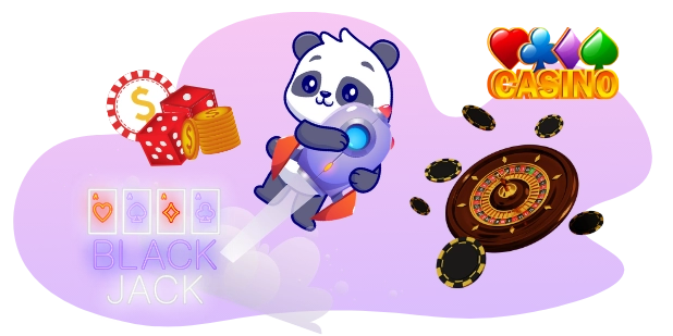 Happy panda celebrating the excitement of online casinos, with a rocket, dice, chips, and a roulette wheel.