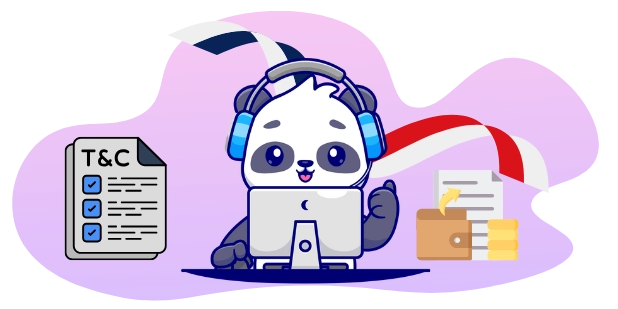 Happy panda assisting customers with transactions and terms and conditions, with a headset, a computer, "T&C" documents, and coins.