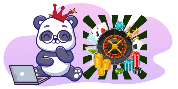 Playful panda enjoying online casino games, with a laptop, playing cards, a roulette wheel, and poker chips.