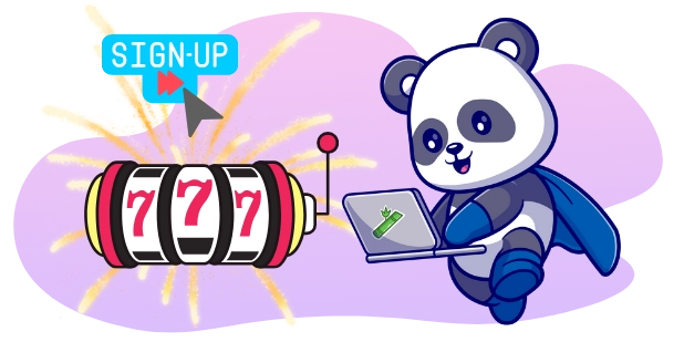 Playful panda encouraging users to register at an online casino, with a laptop, a slot machine, a "SIGN-UP" button, and fireworks.