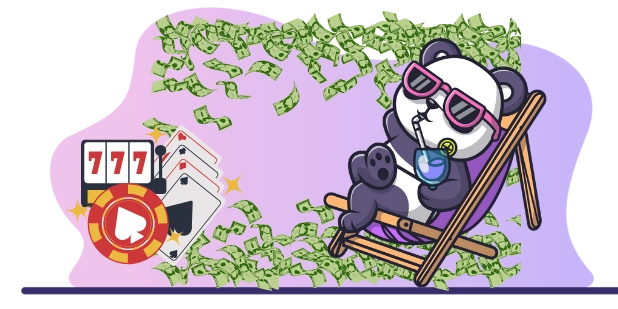 Happy panda lounging on a deck chair with sunglasses and a drink, surrounded by flying dollar bills, poker chips, and playing cards on a gradient purple background