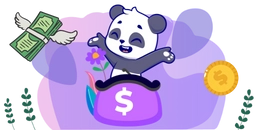 A joyful panda popping out of a purple money bag, surrounded by a flying stack of cash, a coin, and floral decorations.