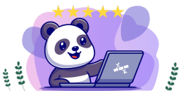 A smiling panda works on a laptop with a five-star rating displayed above its head. The scene is set against a light purple background with green foliage.