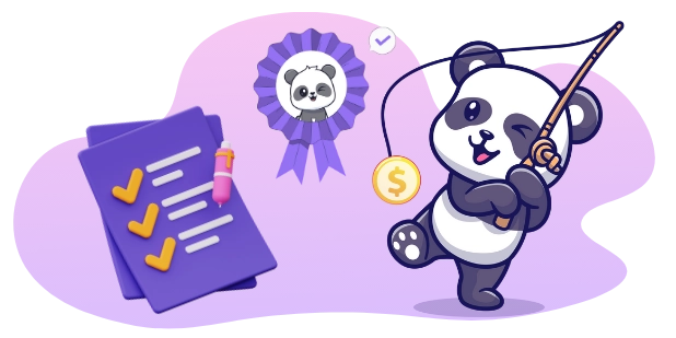 Playful panda setting and achieving goals, with a checklist, a medal, and a fishing rod.