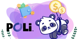 Panda floating with golden dollar balloons tied to its back. A blue wallet with coins flying out is shown on the left. The text 'POLi' is prominently displayed in bold letters, set against a purple gradient background