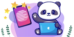 Panda sitting with a blue laptop, waving cheerfully. Beside it, a glowing pink smartphone with stars around it floats, set against a purple background with green foliage accents.