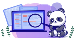 A cute panda sitting on a laptop, holding a magnifying glass and looking at the screen. There are documents in the background.