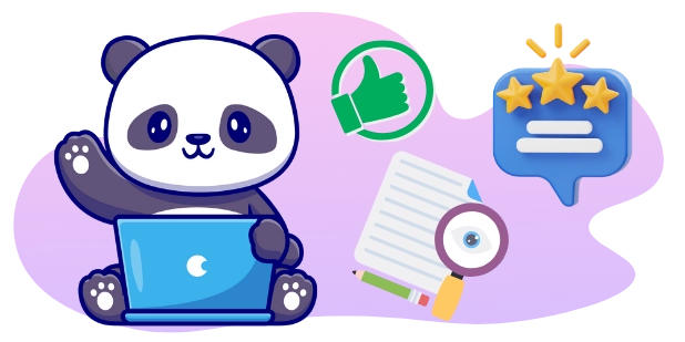 A happy panda using a laptop, with symbols of positive feedback like a thumbs up and five stars, suggesting satisfaction with online content.