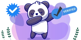 Panda performing a dab pose, surrounded by verification checkmarks, including a blue 'Verified' badge, set against a purple background with decorative greenery.