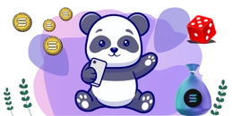 Panda sitting and holding a smartphone, surrounded by golden Solana coins, a red dice, and a Solana-branded money bag, set against a purple background with decorative plants.