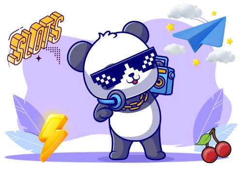 Panda wearing pixelated sunglasses, holding a boombox, surrounded by playful elements like a blue paper airplane, cherries, a lightning bolt, stars, and the word 'Slots' in bold text, set against a purple background.