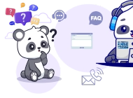 Curious panda with question marks and another panda with headphones behind a computer.