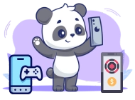 Panda holding a smartphone. The scene features a gaming console on one side and another smartphone displaying a target and coin symbol on the other, set against a light purple background.