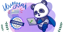 Panda wearing a cape holds a laptop while flying. The image includes a 'Licensed' badge, the Uruguayan flag, and the word "Uruguay" in blue script. The background features a purple gradient with decorative leaves.