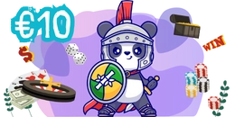 A cute panda dressed as a Roman gladiator, holding a shield and sword. Dice, playing cards, casino chips, and a treasure chest are scattered around. The number 10 in Euros is displayed in the top left corner.