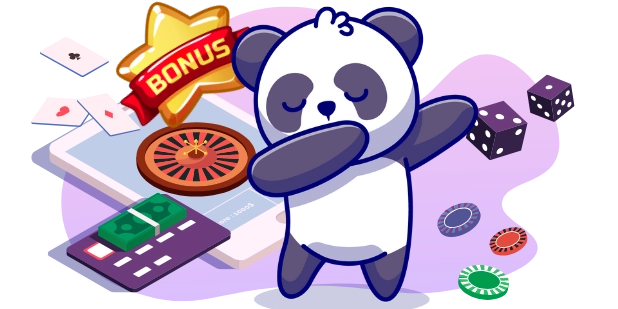 A cute panda doing the dab dance, surrounded by casino symbols like a roulette wheel, playing cards, dice, and a "BONUS" star, suggesting a focus on online casinos and bonuses.