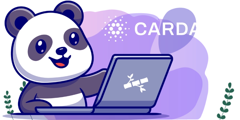 Panda sitting with a laptop, pointing at the screen, with the Cardano logo in the background on a purple gradient backdrop and green leaves at the edges.