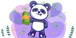 A cute panda wearing sneakers, winking, and holding a stack of money. There are dollar bills and coins scattered around the panda.