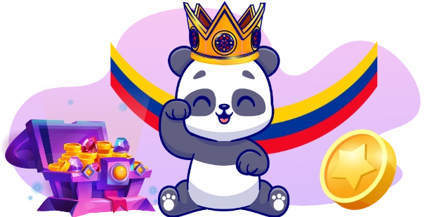 Playful panda promoting online casino bonuses in Colombia, with a crown, a treasure chest, a Colombian flag, and a gold coin.