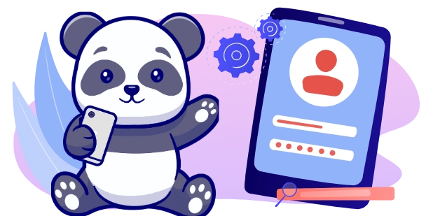 Playful panda promoting online security, with smartphones and security symbols.