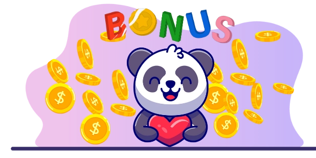 Happy panda cartoon character enjoying a casino bonus, with coins and the word "BONUS."