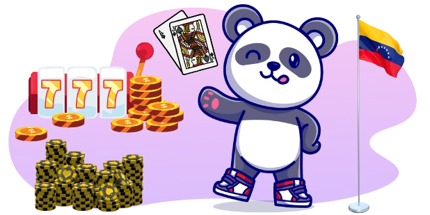 A happy panda cartoon character celebrates with a slot machine showing three sevens, playing cards, and a stack of coins, with the Venezuelan flag waving in the background.